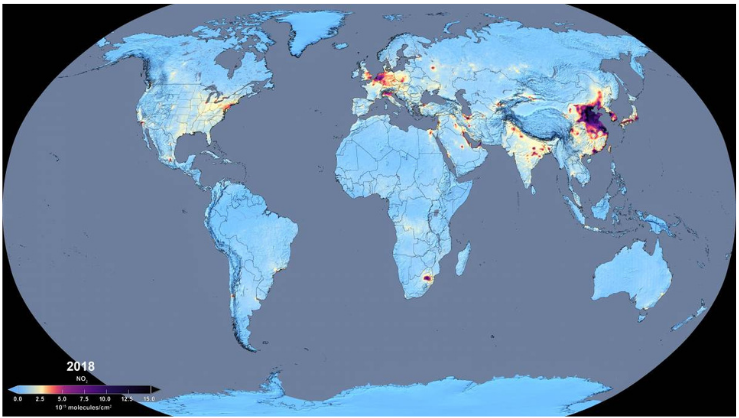 This is a global satellite map of nitrogen dioxide emissions.