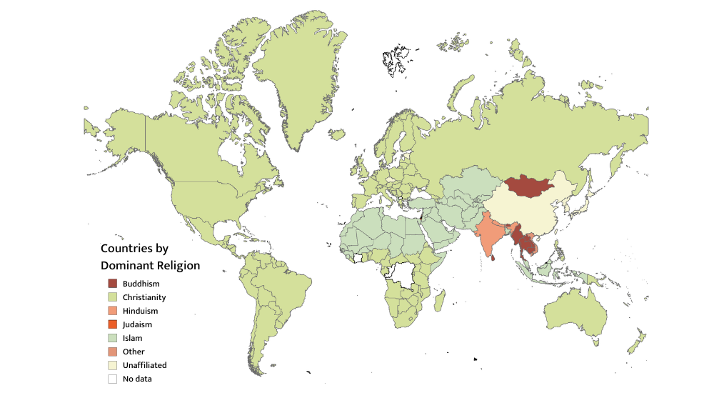 This is a map of the world showing dominant religion by country.